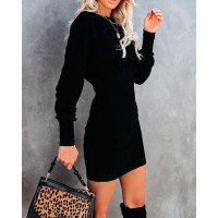 Solid Skinny Waist Long Sleeve Dress - black