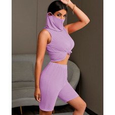 Solid Sleeveless Casual Top & Shorts Set - purple