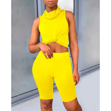 Solid Sleeveless Casual Top & Shorts Set - yellow