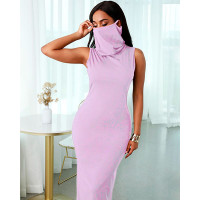 Solid Sleeveless Maxi Dress With Face Cover - purple