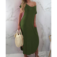 Solid Split Side Maxi Casual Dress - Army green