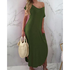 Solid Split Side Maxi Casual Dress - Army green