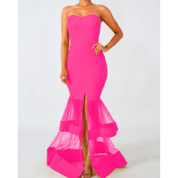 Solid Strapless Split Mesh Mermaid Dress - yellow,hot pink