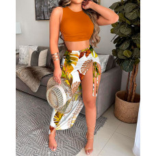 Solid Tank Top & Drawstring Ruched Slit Thigh Tropical Skirt Set - yellow