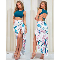 Solid Tank Top & Floral Drawstring Ruched Slit Thigh Skirt Set - green