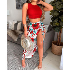 Solid Tank Top & Floral Drawstring Ruched Slit Thigh Skirt Set - red