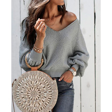 Solid V-Neck Long Sleeve Sweater - gray