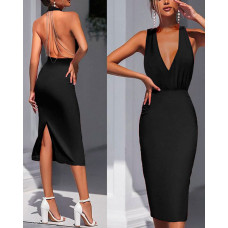 Solid V-Neck Open Back Split Bodycon Dress - black