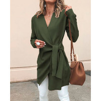 Solid Wrapped Self-Belted Long Sleeve Coat - Army green