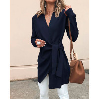 Solid Wrapped Self-Belted Long Sleeve Coat - dark blue