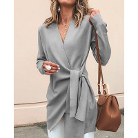 Solid Wrapped Self-Belted Long Sleeve Coat - gray