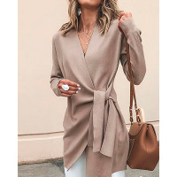 Solid Wrapped Self-Belted Long Sleeve Coat - khaki