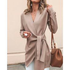 Solid Wrapped Self-Belted Long Sleeve Coat - khaki