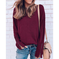 Solid Zipper Long Sleeve Top - purple