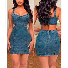 Spaghetti Strap Backless Denim Dress - Lighted Blue