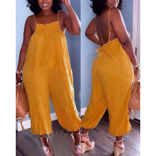 Spaghetti Strap Backless Shirred Frill Hem Jumpsuit - yellow