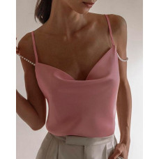 Spaghetti Strap Beaded Cowl Neck Top - pink