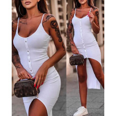 Spaghetti Strap Button Decor Asymmetrical Bodycon Dress - white