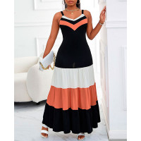 Spaghetti Strap Colorblock Ruched Ruffles Maxi Dress - black