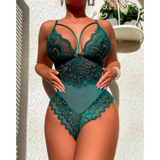 Spaghetti Strap Contrast Lace Backless Teddy - green