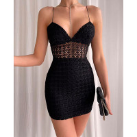 Spaghetti Strap Crochet Lace Bodycon Dress - black