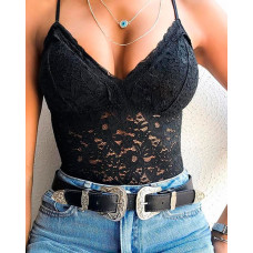 Spaghetti Strap Crochet Lace Cami Top - black