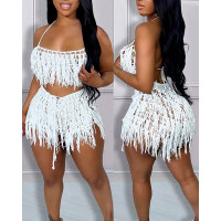 Spaghetti Strap Crop Crochet Top & Tassel Design Shorts Set - white