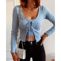 Spaghetti Strap Crop Top & Floral Embroidery Tie Front Cardigan Sets - blue