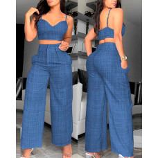 Spaghetti Strap Crop Top & Wide Leg Pants Set - blue