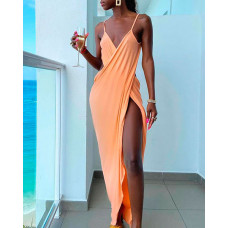 Spaghetti Strap Cross High Slit Party Dress - orange