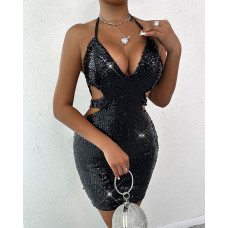 Spaghetti Strap Cutout Sequin Dress - black