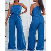 Spaghetti Strap Drawstring Casual Jumpsuit - blue