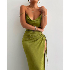 Spaghetti Strap Drawstring Slit Ruched Evening Dress - green