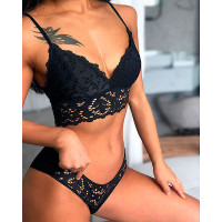 Spaghetti Strap Eyelash Lace Bra Set - black