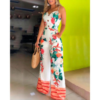 Spaghetti Strap Floral Print Jumpsuit - white