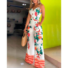 Spaghetti Strap Floral Print Jumpsuit - white