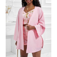 Spaghetti Strap Floral Print Top & Shorts Set With Coat - pink