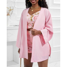 Spaghetti Strap Floral Print Top & Shorts Set With Coat - pink