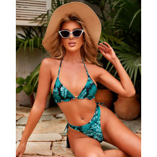 Spaghetti Strap Halter Tropical Print Bikini Set - green