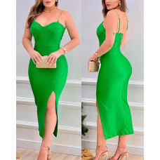 Spaghetti Strap High Slit Evening Dress - green