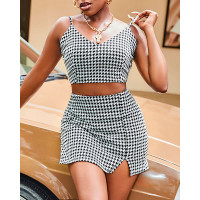 Spaghetti Strap Houndstooth Print Top & Slit Skirt Set - black