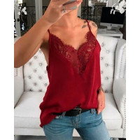 Spaghetti Strap Lace Trim Top - Wine red