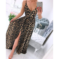 Spaghetti Strap Leopard Print High Slit Maxi Dress - Leopard