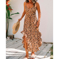 Spaghetti Strap Leopard Ruffles Halter Slit Maxi Dress - brown