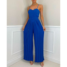 Spaghetti Strap Pleated Wide Leg Jumpsuit - blue