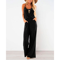 Spaghetti Strap Pocket Design Jumpsuit - black