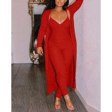 Spaghetti Strap Ribbed Jumpsuit With Longline Cardigan - red