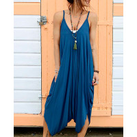 Spaghetti Strap Ruched Harem Jumpsuit - blue