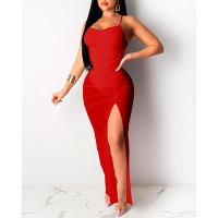 Spaghetti Strap Ruched Slit Backless Party Dress - red Spaghetti Strap Ruched Slit Backless Party Dress - red