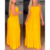 Spaghetti Strap Ruffle Hem Casual Maxi Dress - yellow